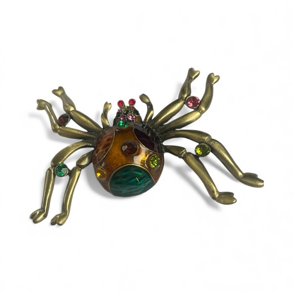 Gold and Brown Large Spider Brooch with Gem Accents - Picture 9 of 11
